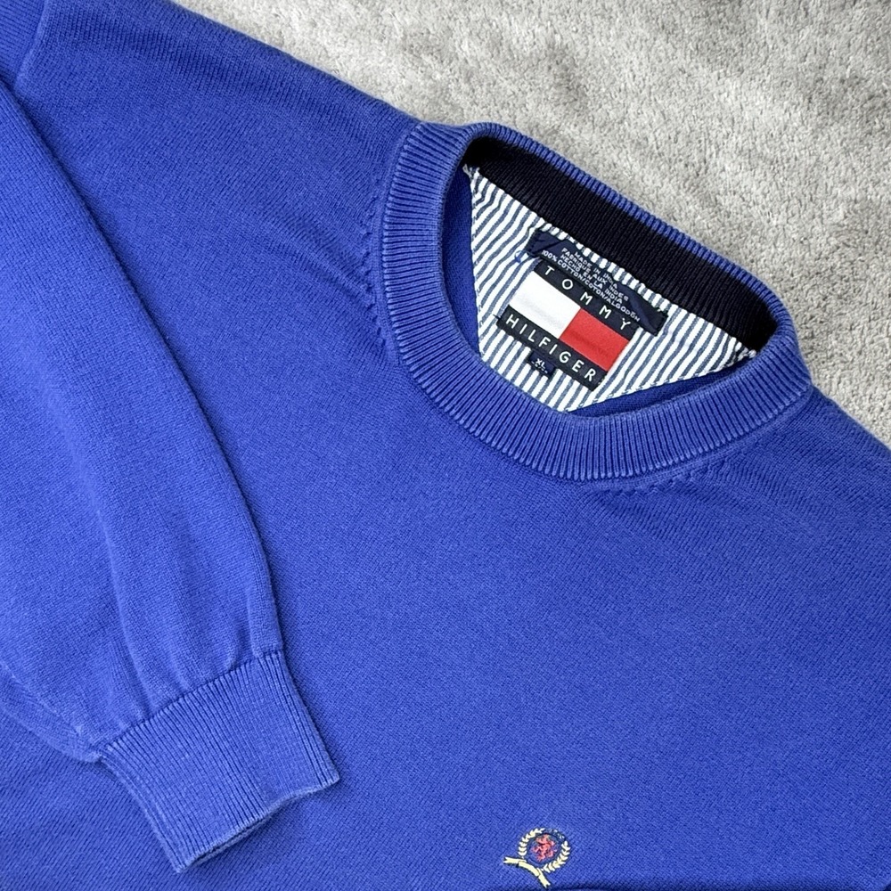 Vintage Tommy Hilfiger Crewneck Sweater Mens XL Blue Crest Logo 90s Cotton Knit